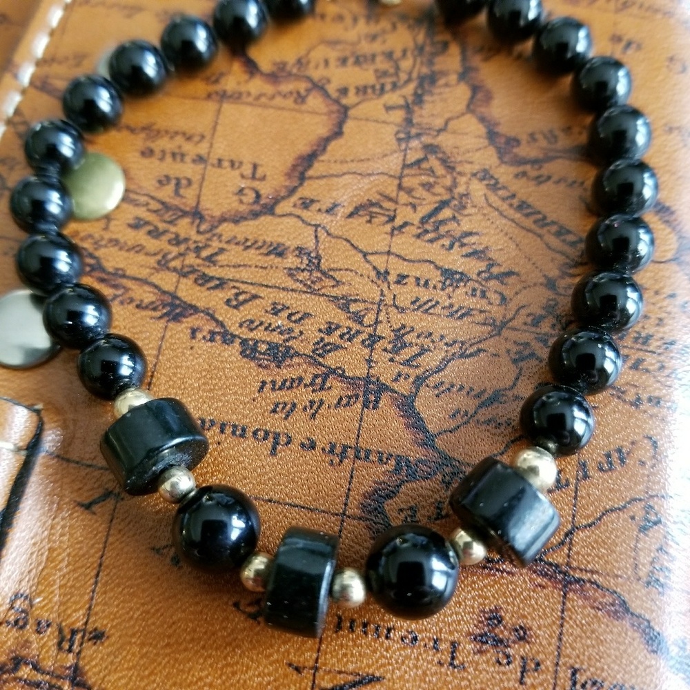 Vintage bracelet black and gold fill bead signed beaded